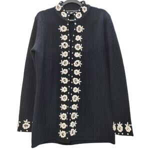 Cambridge Dry Goods Wool Cardigan Sweater Knit Embroidered Black Womens Medium